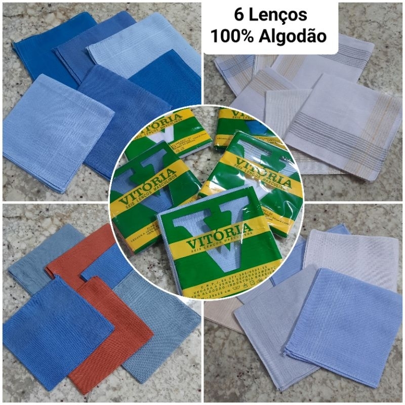 Kit 6 Lenços de Bolso Masculino 100% Algodão 28x28cm  Branco e Cores  Macio e Absorvente