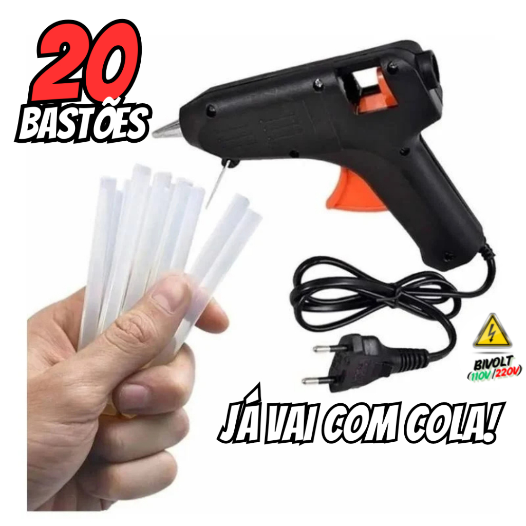 Pistola de Cola Quente Pequena 20W (Bivolt 110V/220V)  Bico de Ferro + 20 Bastões de Cola