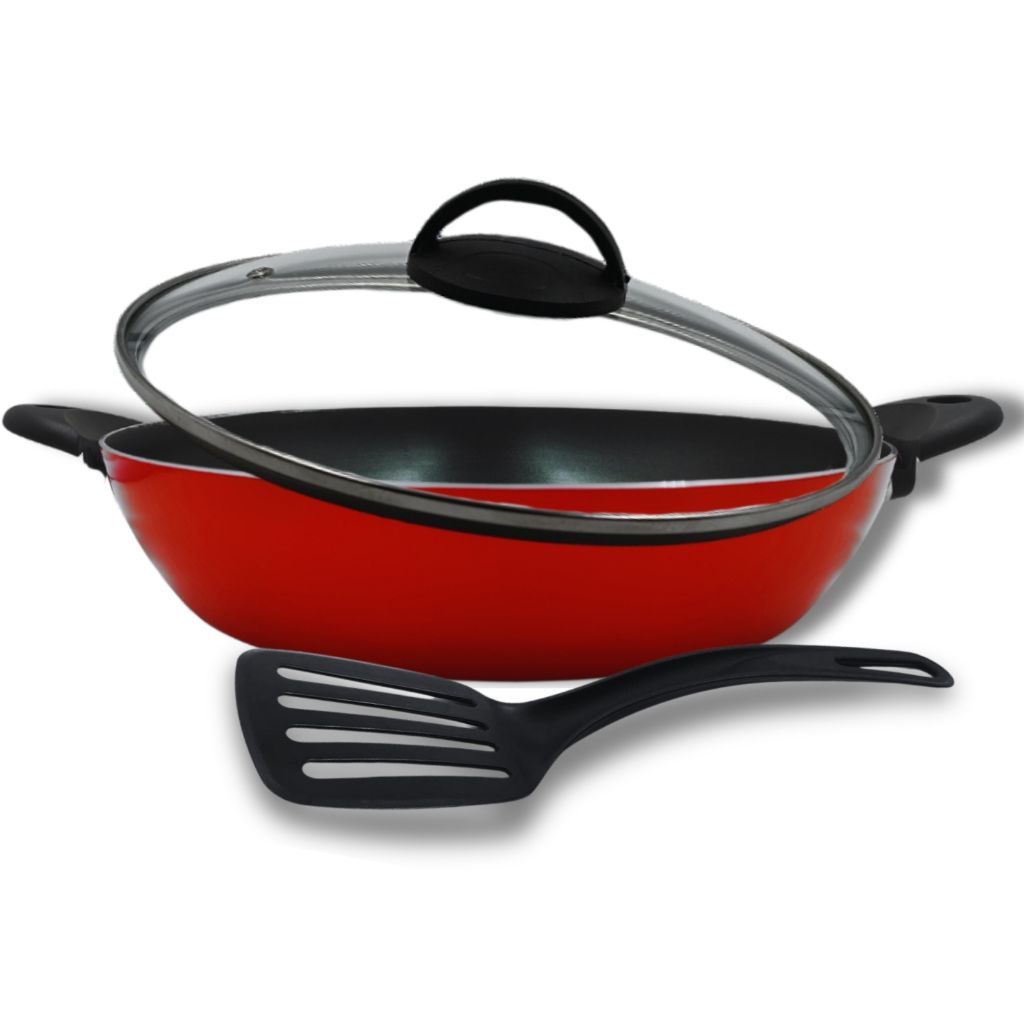 Frigideira Wok Antiaderente Teflon Grande Dakasa 28 e 32cm Cores Vermelha e Preta Espessura Grossa