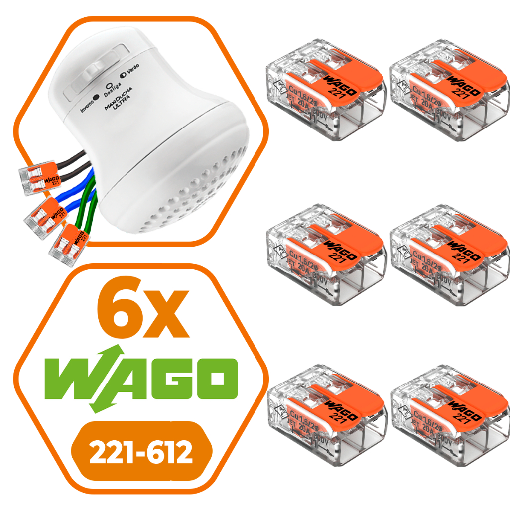 Conector de Fio Elétrico Wago 221-612 Wago Emenda Chuveiro 6mm 41A Conexão Automática Kit 6 Peças