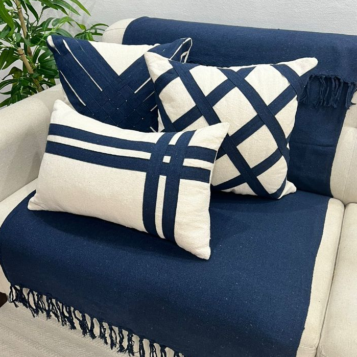 Kit de Almofadas Fita Azul Marinho Rustica Boho Ar