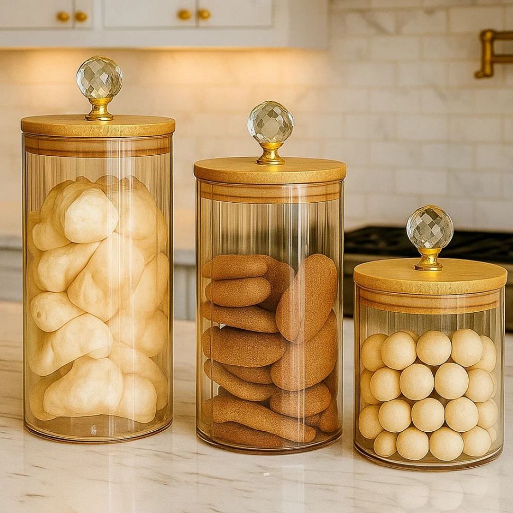 Kit 3 Potes Herméticos de Vidro Canelado Âmbar Tampa Bambu Luxo P/ Mantimentos C/ Vedação