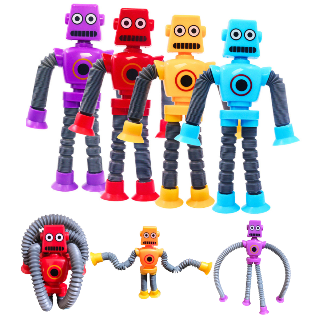Kit 4 Robô Cartoon Telescópico Criativo Brinquedo Estica Ventosa Pop Tube Pop It Girafa Unicornio