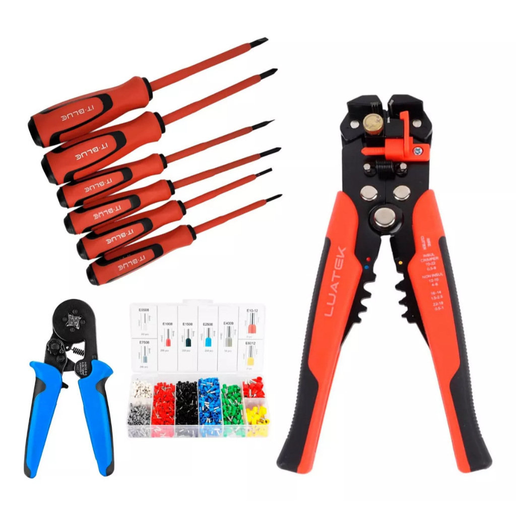 Kit 4×1 Eletricista Master – Jogo Chave Fenda + Alicate Crimpar + 1200 Terminias + Alicate Decapador