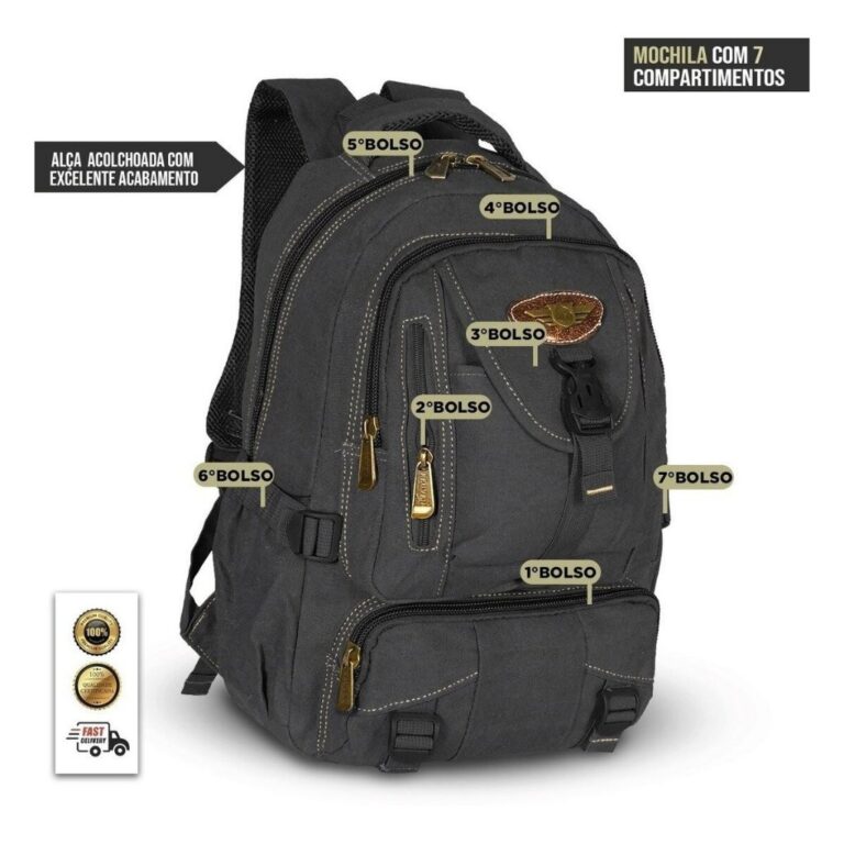 MOCHILA EM LONA PRETA ORIGINAL KVN REFORÇADA MASC