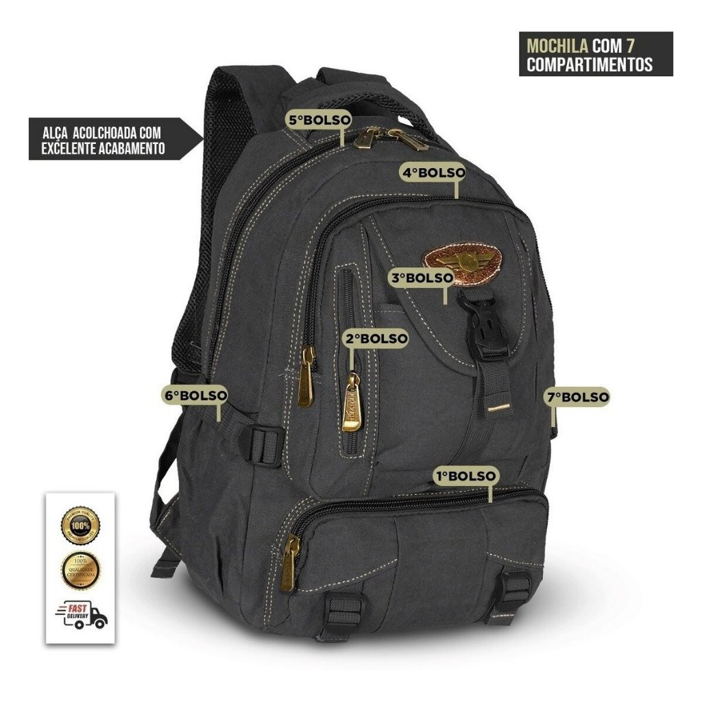 MOCHILA EM LONA PRETA ORIGINAL KVN REFORÇADA MASCULINA UNISSEX TRABALHO ESCOLA FACULDADE