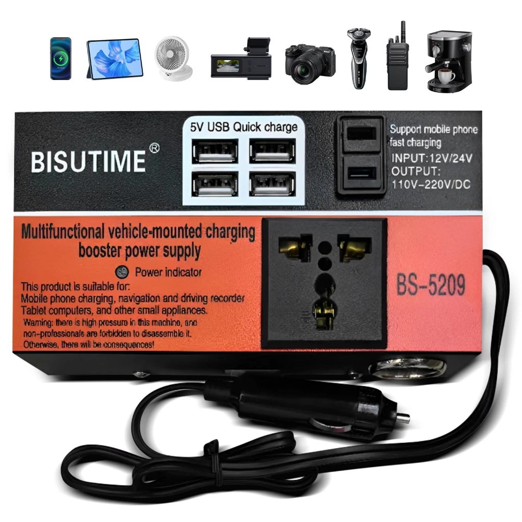 Inversor de energia para carro de 200W de 12V/24V para 110V/220V com 4 portas USB, 8 proteções e ven