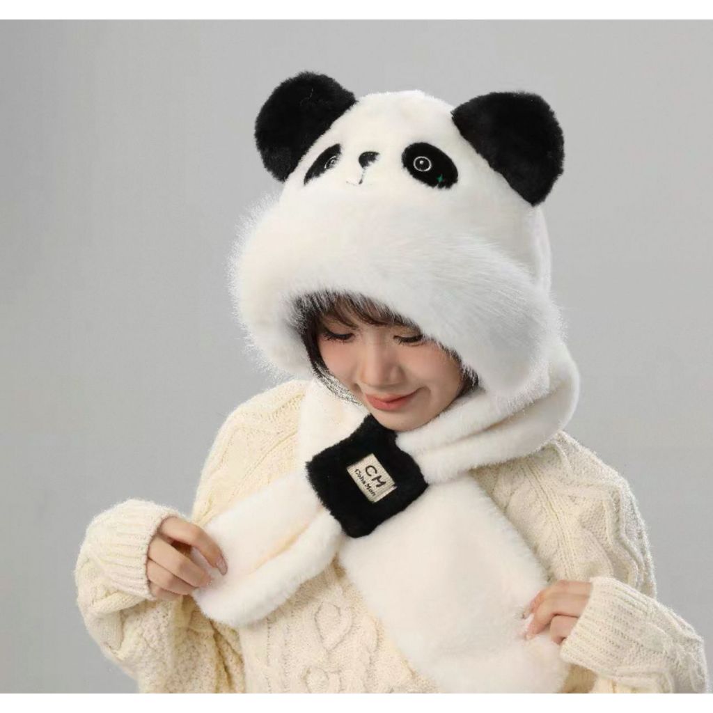 Infantil 5 ao 16 anos Panda Urso Touca Cachecol 2 em 1 Peluciada Tampa Orelha Forrada Para Menina e