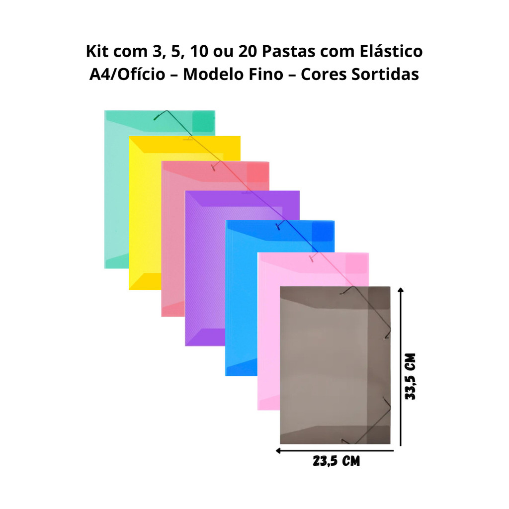 Kit com 3, 5, 10 ou 20 Pastas com Elástico A4/Ofício  Modelo Fino  Cores Sortidas