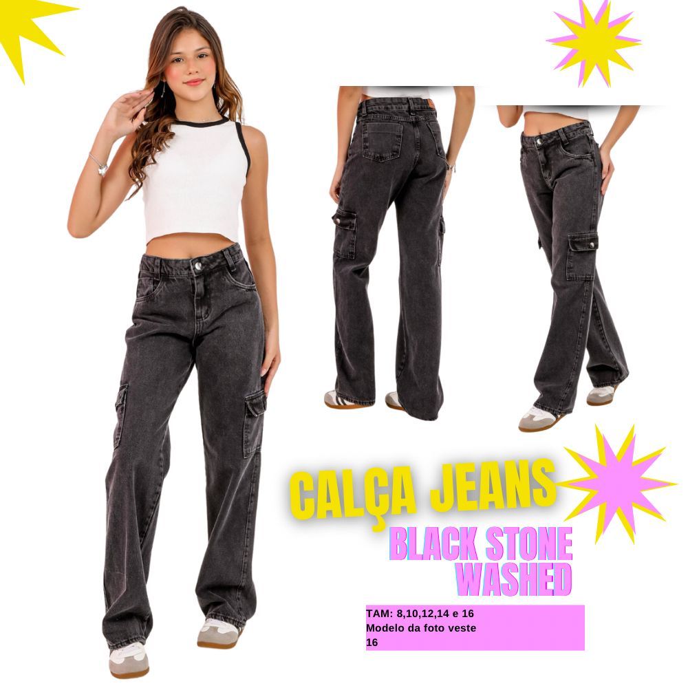 Calça Jeans Infantil Menina Cargo Wide Leg Pantalona Preto Estonado Grafite 08, 10, 12 ,14, 16 anos