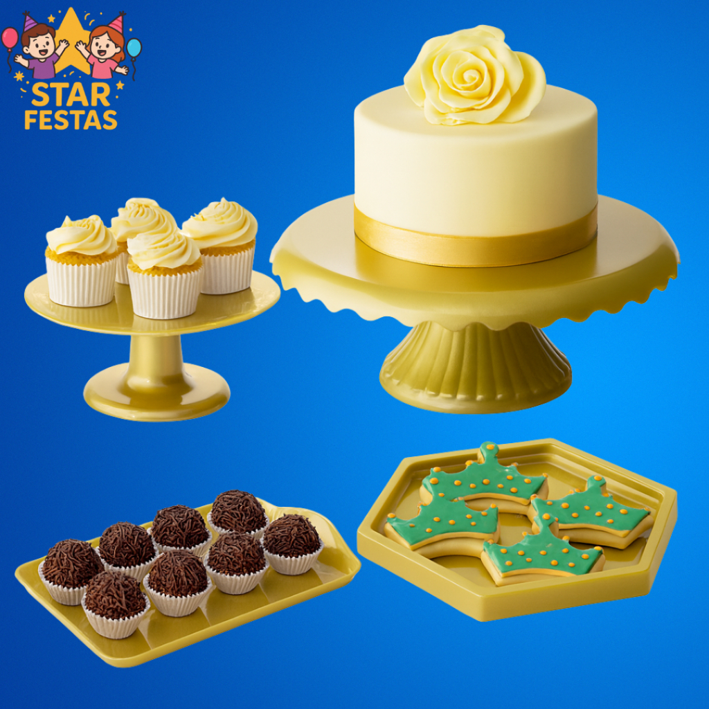 Kit Mesa de Festa , 1 Boleira Cake Renda 22cm , 1 Mini Cake , 1 Bandeja 20×13 e Mini Sextavada