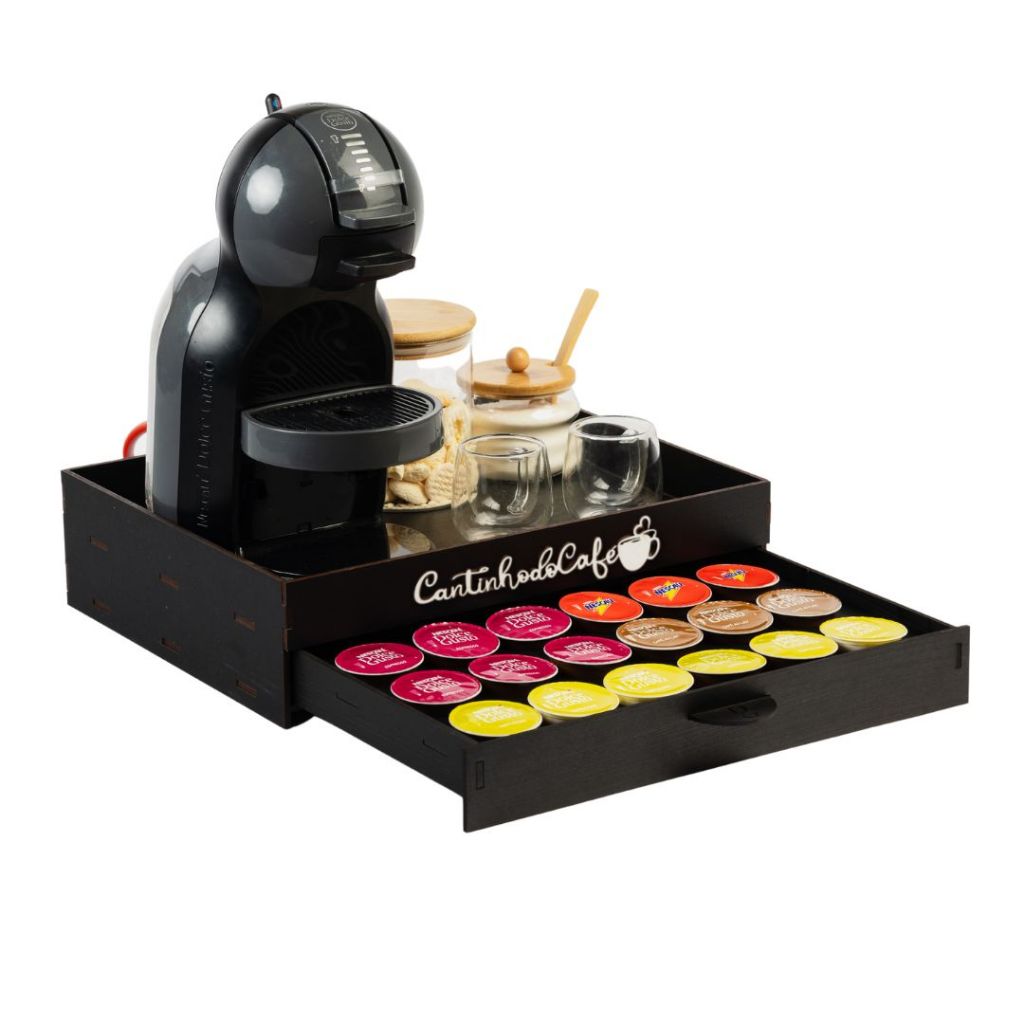 Bandeja Cantinho do Cafe Preta Gaveta Porta 24 Capsulas Mdf Organizador Dolce Gusto Três Corações