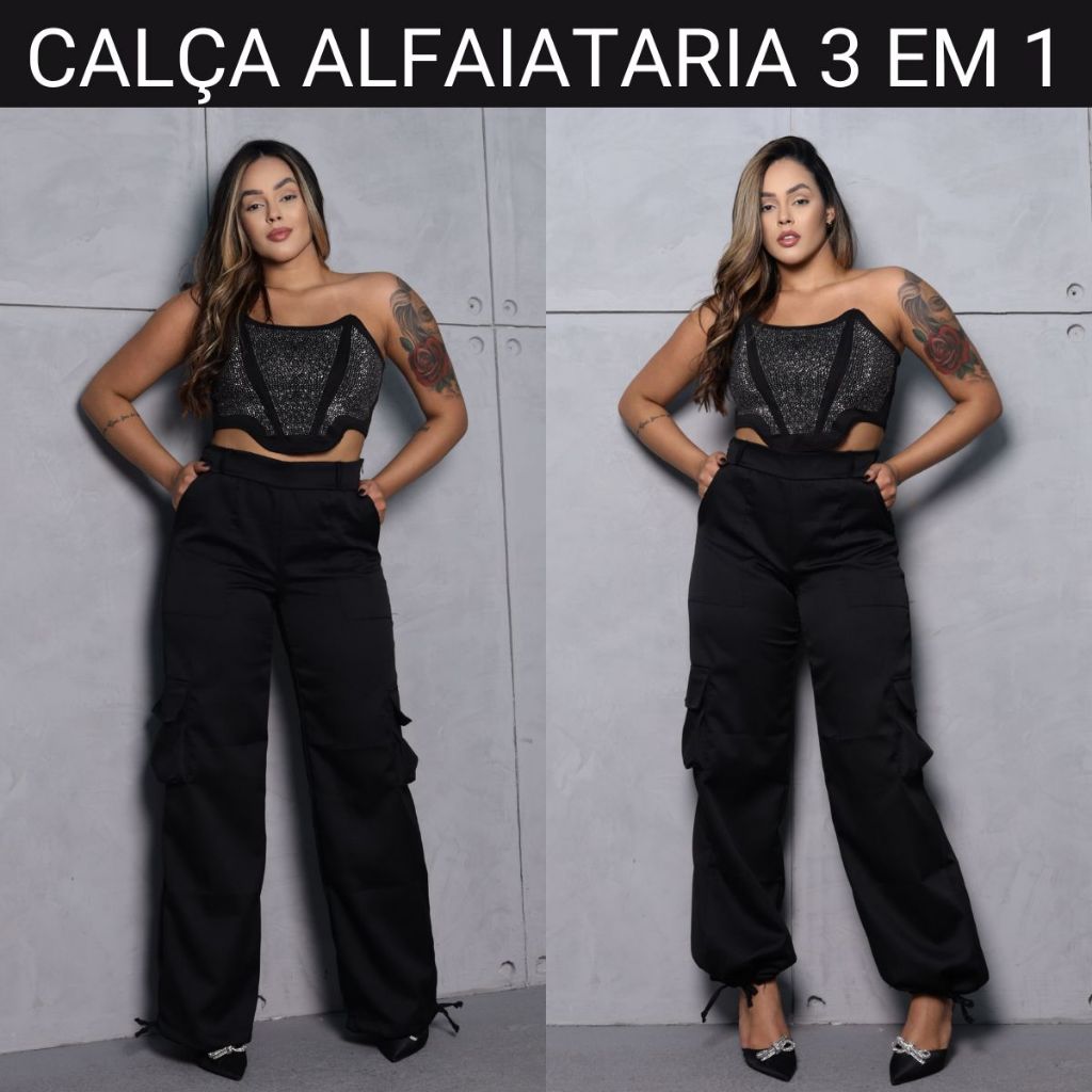 Calça Feminina 4 Bolsos Pantalona Calça Jogger Cargo Tecido Alfaiataria Linha Premium Abertura na Ci