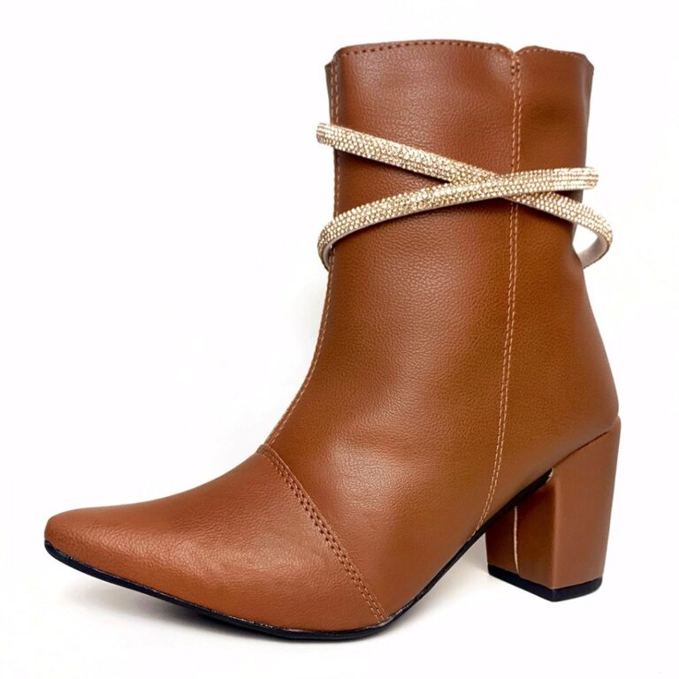 Bota Feminina Com Strass Salto Grosso Médio Bloco