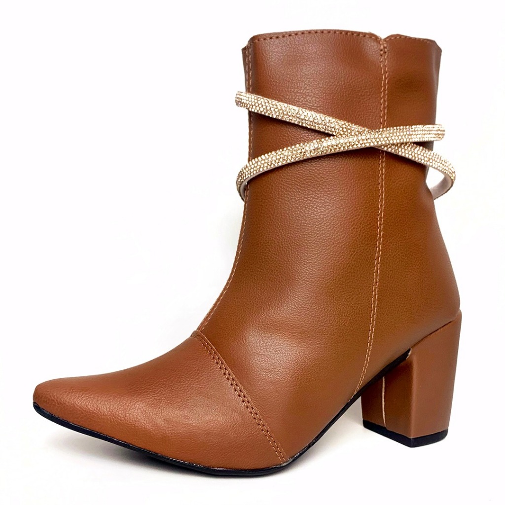 Bota Feminina Com Strass Salto Grosso Médio Bloco Ref. 20/131