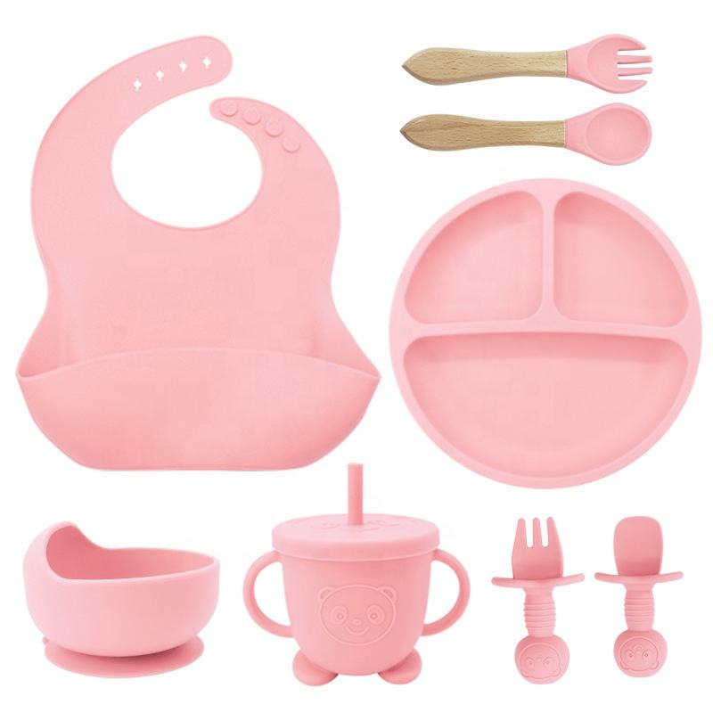 Talheres bebê silicone 8 Peças kit Talheres Infantil Com Ventosa Canudo Colher Babador Garfo Introdu