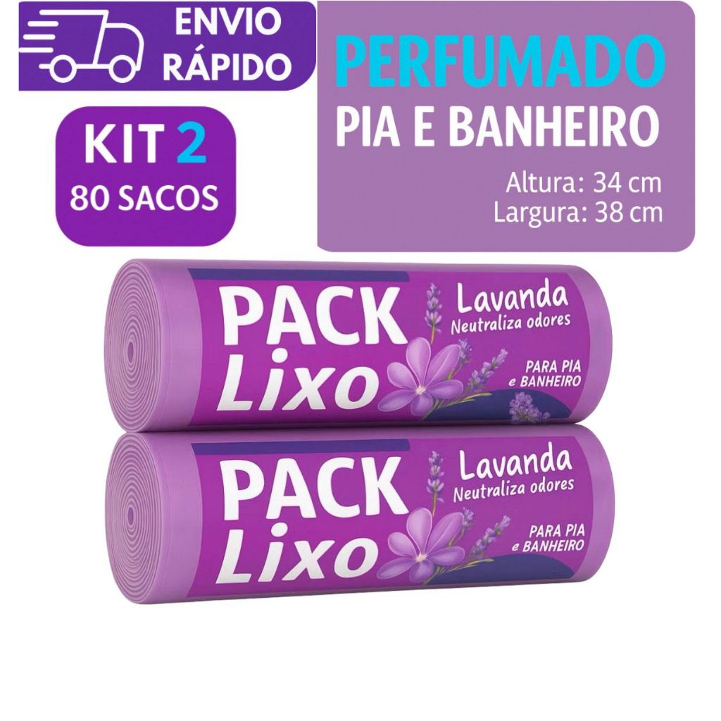 KIT 2 Sacos de Lixo Perfumado Lavanda 80 Unidades Neutraliza Odor Banheiro Pia 34x38cm