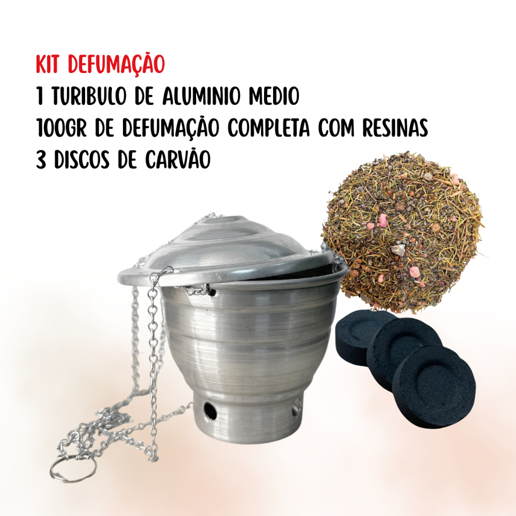 Kit Defumação Turíbulo Incensário + Resina Sete Ervas 100g + Disco de Carvão