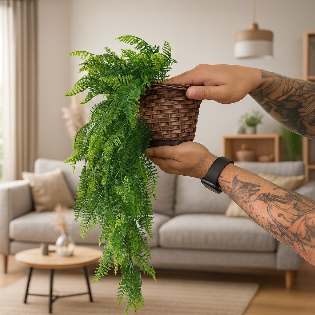 Kit Planta Decorativa: Vaso Trançado Marrom + 1 Pendente Artificial Folhas De Samambaias