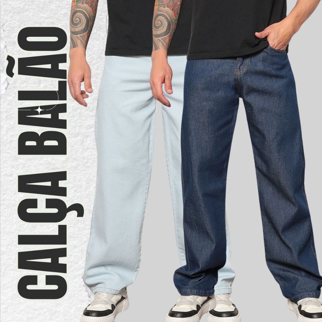 kit 2 Calças Jeans Balão Boca Larga Estilosa Sk8 Moda Masculina 100% Algodão Streetwear Skatista