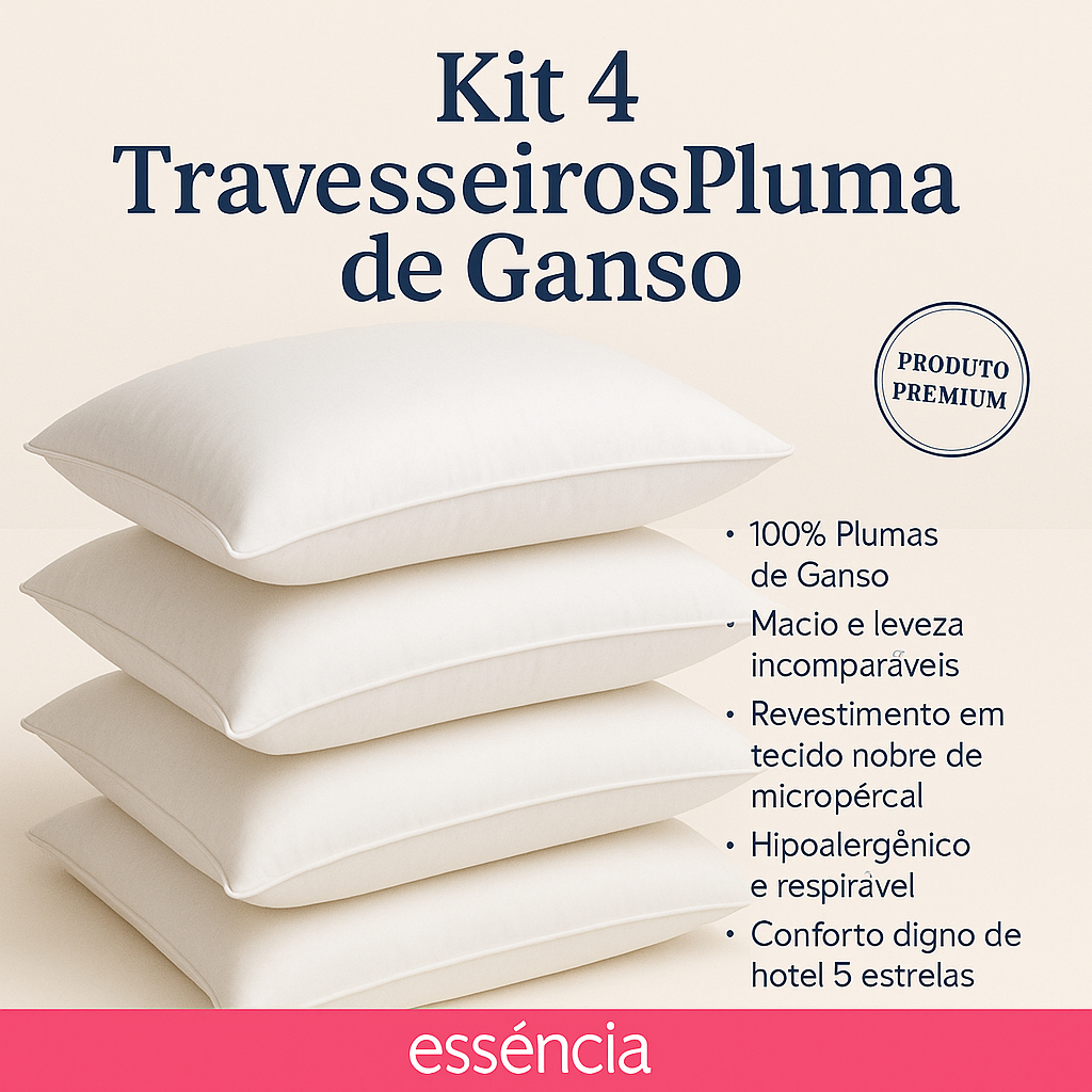 Kit 4 Travesseiro Pluma de Ganso Luxo Descanso Antiacaro 70x50cm Toque Macio