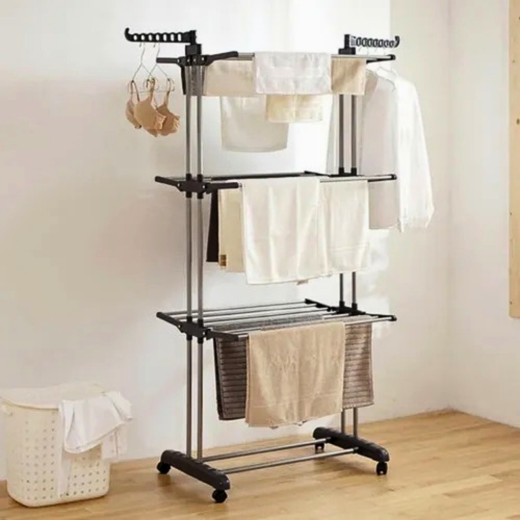 Varal De Chão Com Rodinhas Retrátil Articulado Dobrável 3 Andares Perfeito Para Lugares Pequenos