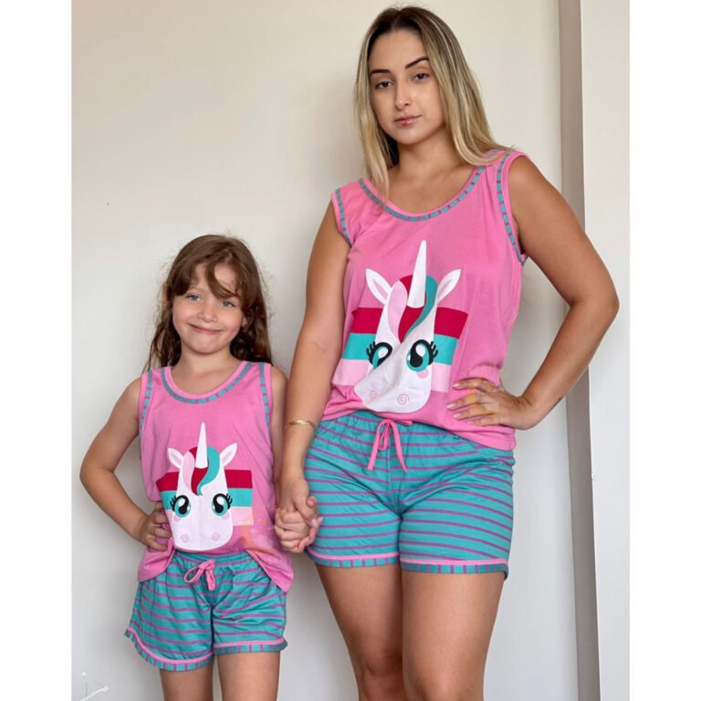 Kit Pijama Mãe e Filha Baby Doll Regata Unicornio