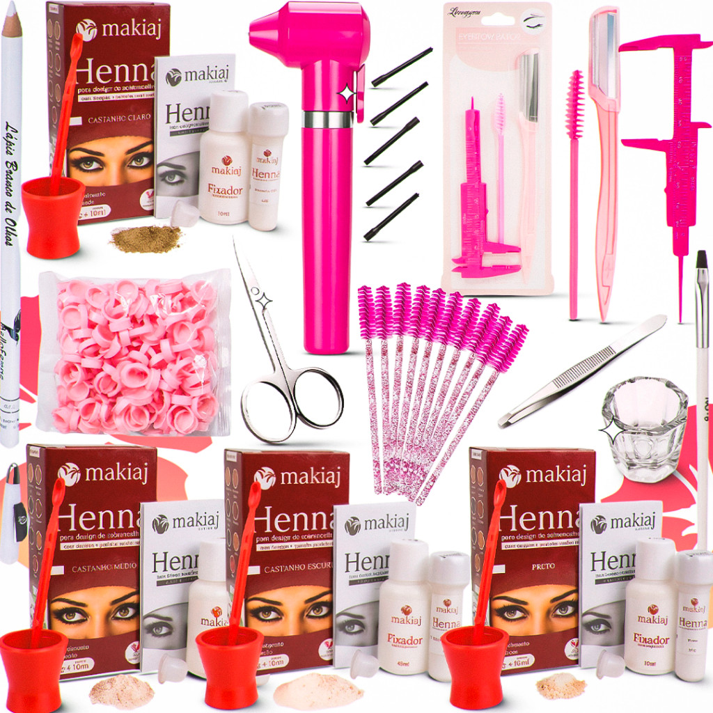 kit design de sobrancelhas profissional completo henna mixer paquimetro molde escovinha batoque
