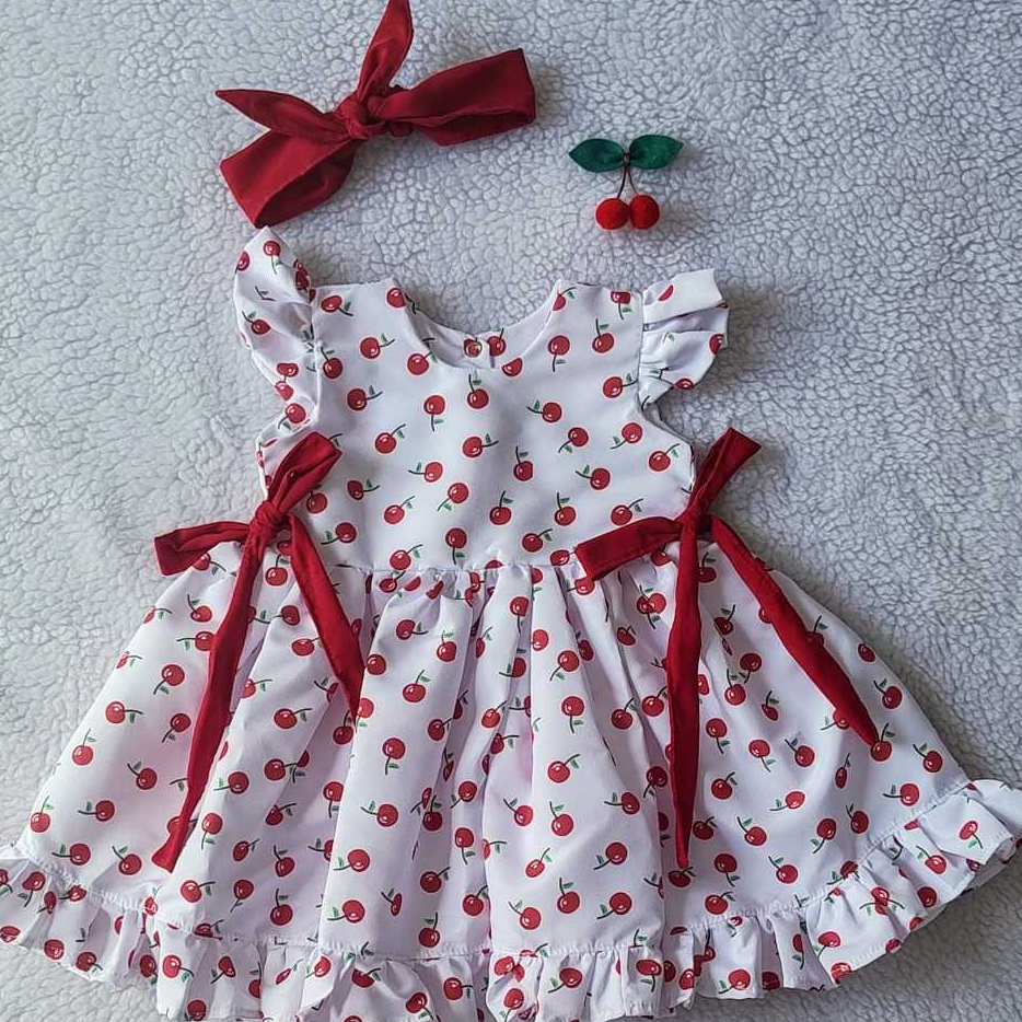 Vestido infantil com faixa várias cores e temas frutinhas coração ursinho