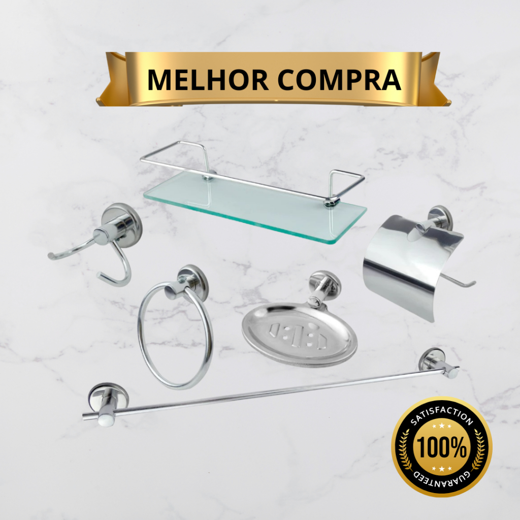Kit Acessórios Banheiro 6 Peças Inox | Porta Shampoo Vidro, Toalheiro, Porta Papel e Ganchos