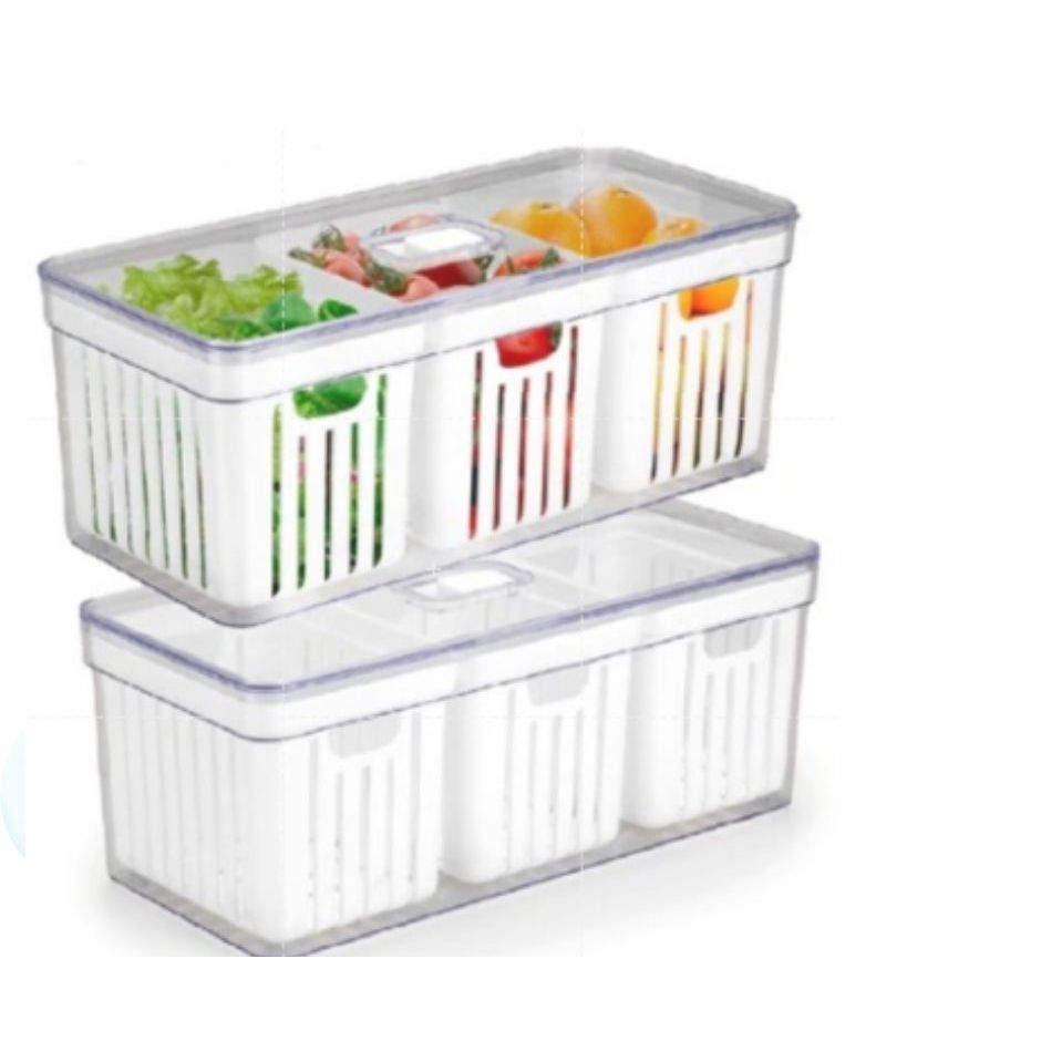 Organizador de Geladeira Grande com 3 Cestos de Drenagem e Tampa com Controle de Ventilação – 6,8 LI