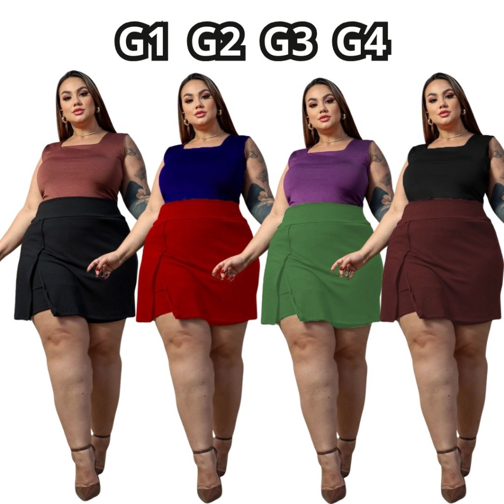 Short Saia Plus Size Feminino Canelado Anarruga GG ao G6 Zero Transparência Premium