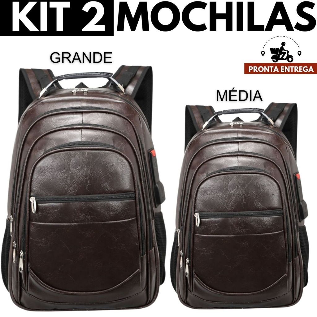 Kit 02 Mochilas Bolsa de Couro Média e Grande Unissex Trabalho Viagem Marrom