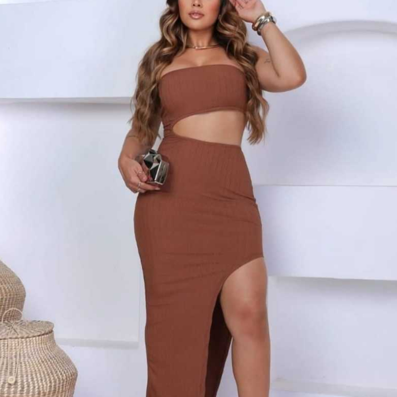 Vestido Feminino Grécia Canelado Premium Tomara que Caia Fenda na Lateral