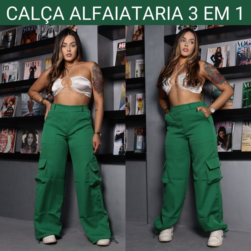 Calça Jogger Feminina Pantalona 4 Bolsos Calça Cargo Tecido Alfaiataria Linha Premium Abertura na Ci