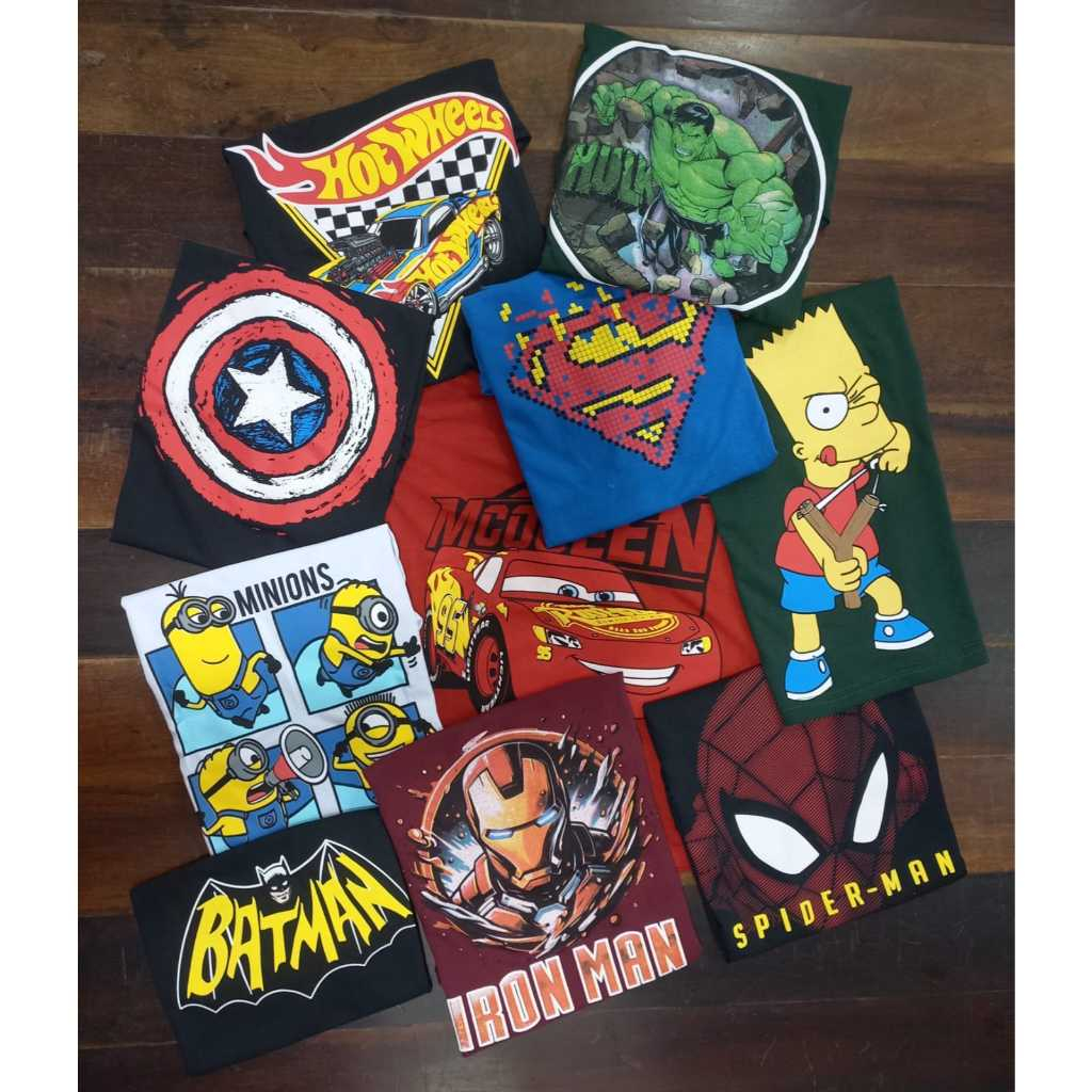 Kit 3 Camiseta Infantil Personagem Manga Curta 100% Algodão Cores e Estampas Sortidas 2 ao 8