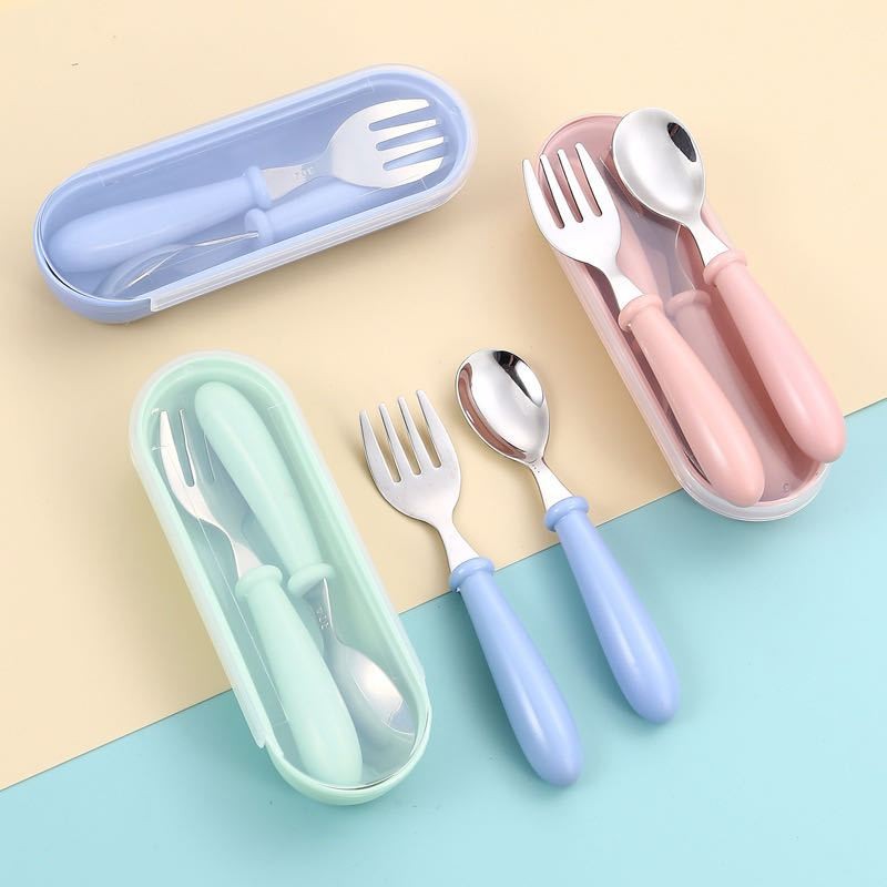 Conjunto De Talheres Infantil De Aço Inoxidável Colher e garfo kit com Estojo bebê