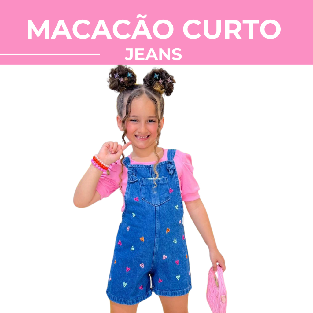 Conjunto Macacão Curto infantil Blusinha Canelada Menina Blusa Macaquito Jardineira Corações Color