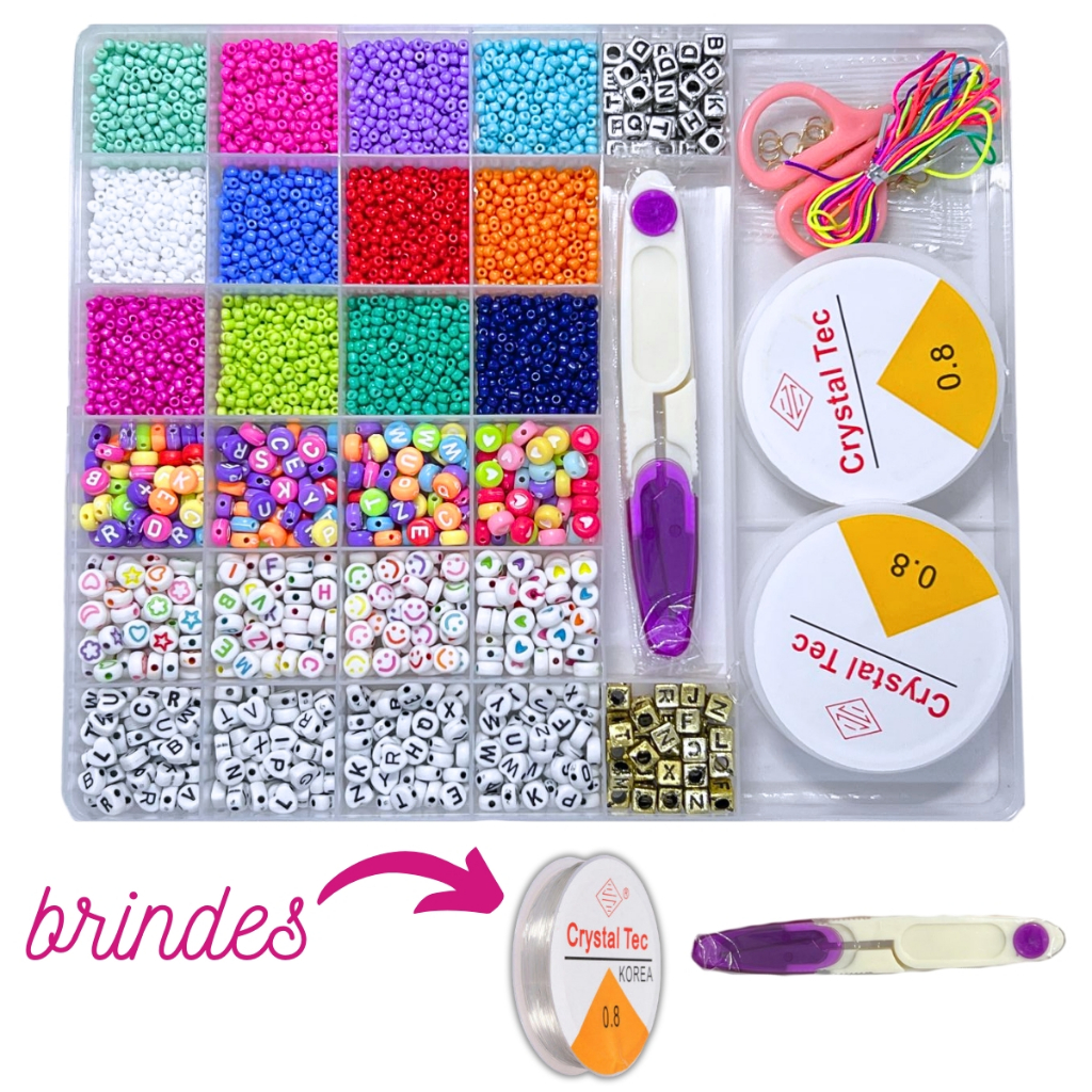 Kit Miçangas Infantil Brinquedo para Pulseira Colar colorido + Silicone e Tesoura