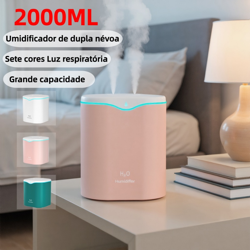 Grande Umidificador De Ar Aromatizador De Ambiente Com Bico Duplo Difusor Elétrico Usb Led 2000ml