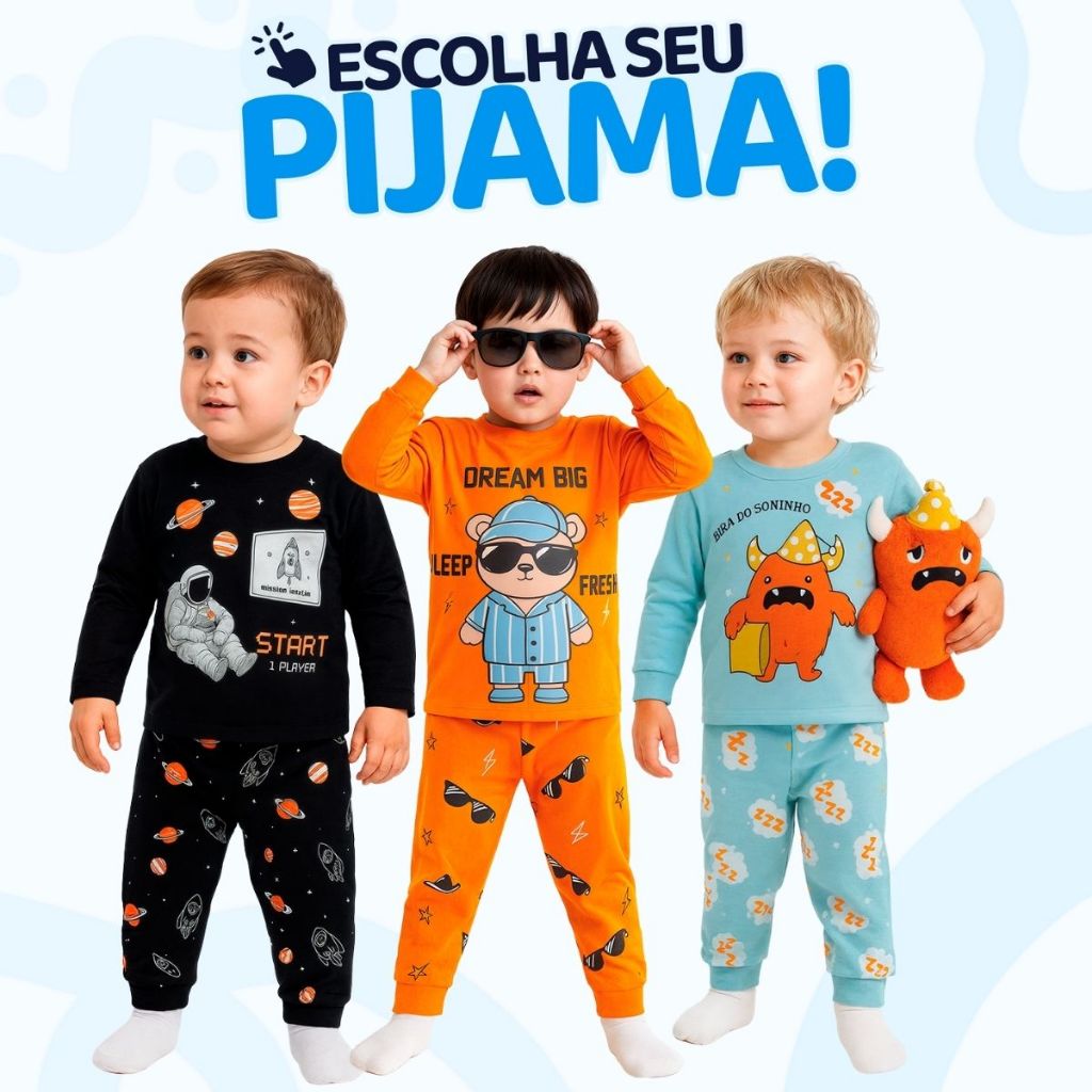Pijama Bebe Menino Manga Longa  Escolha Seu Modelo, com Estampas Fofas e Conforto Infantil Masculino