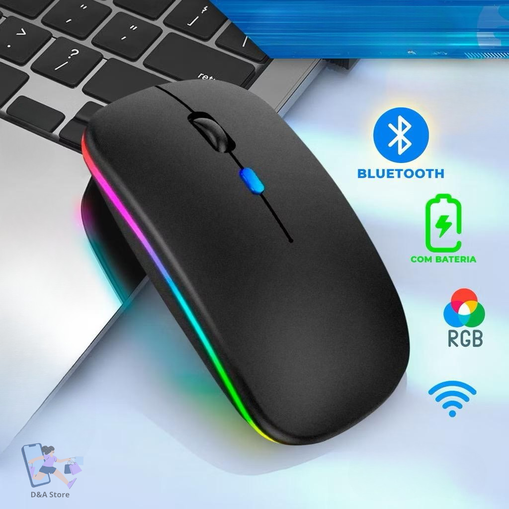 Mouse Sem Fio Wireless Recarregável LED RGB  Bateria até 30h 2.4GHz + Bluetooth Silencioso