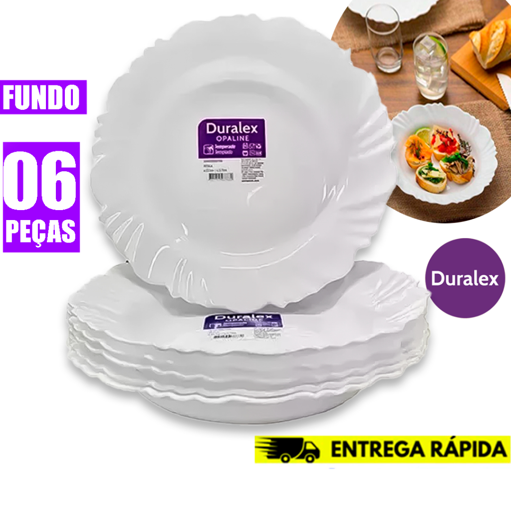 Jogo Kit 6 Pratos Petala Fundo Duralex Vidro Opaline Branco Circular 23.5CM Temperado Resistente