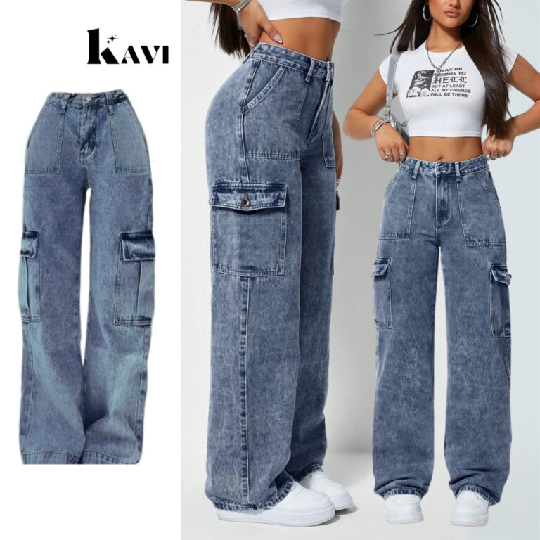 Calça Cargo Jeans Feminina Bolso Lateral Cintura 