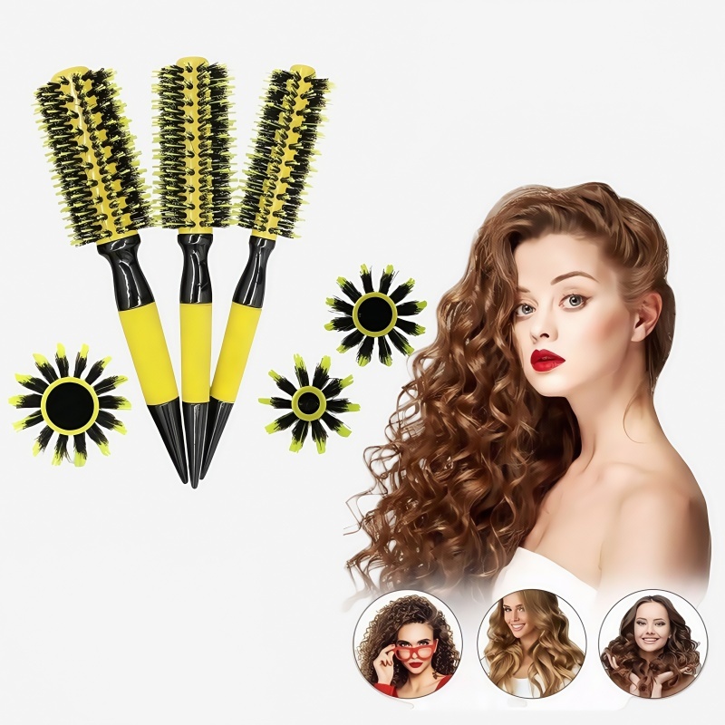 Escova De Cabelo Térmica Amarela Cerdas De Javali Mista Madeira