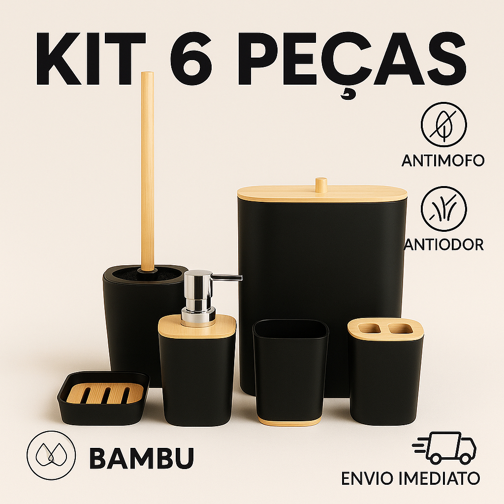 Kit Banheiro Bambu Porta Escova Sanitária Lixeira Lavabo Com Tampa Conjunto Luxo Completo