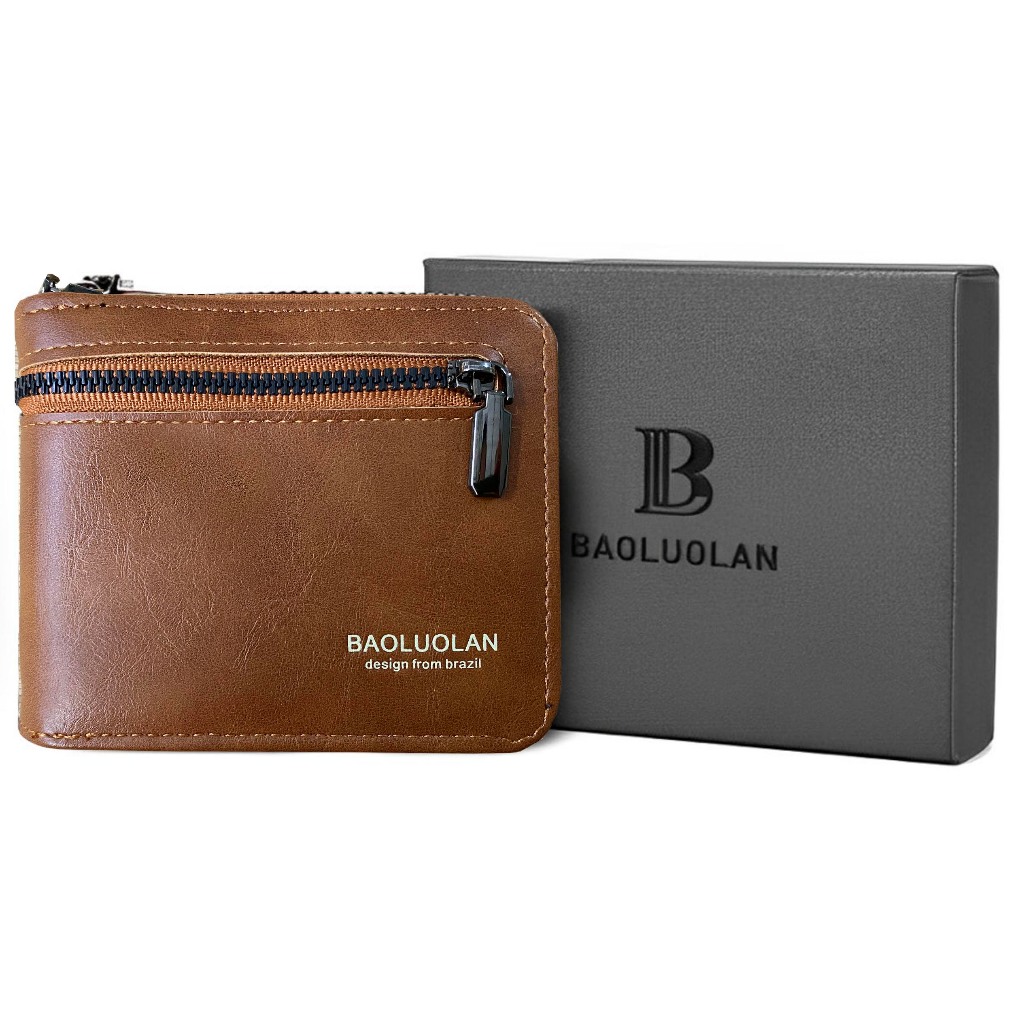Carteira Masculina Couro Com Zíper Elegante e Estilosa Com Porta Cartões Bolso de Zíper para  Moedas