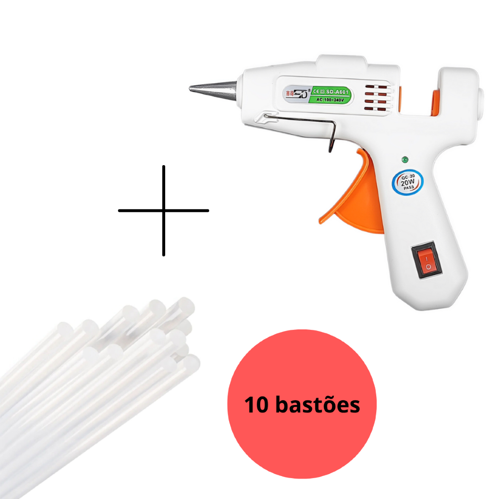 Pistola De Cola Quente Bivolt 110/220v Profissional 20w + 10 Bastões Tubos de Cola Revolver Pequena