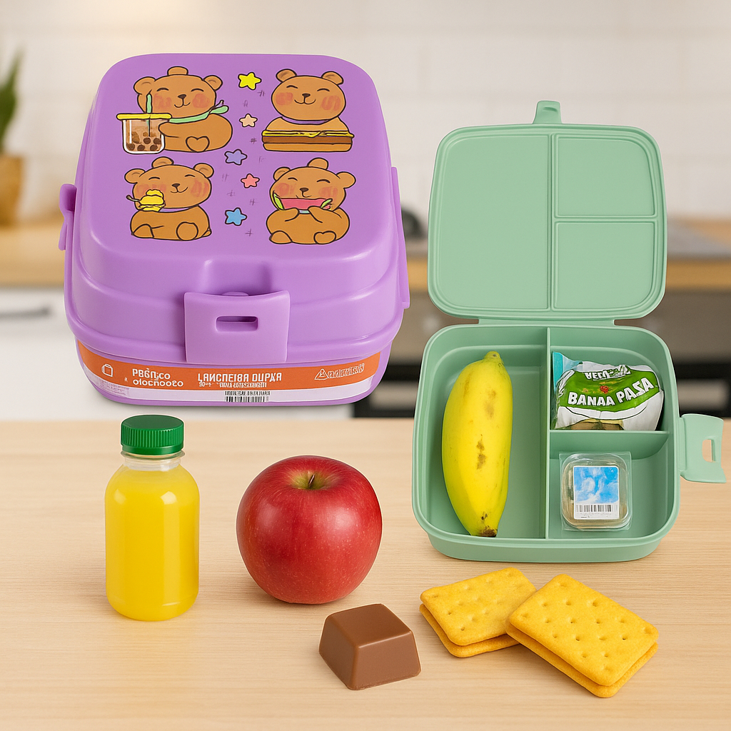 Lancheira Dupla com 4 Divisórias Infantil Safari Capivara e Lanche Marmita Lanche Escolar Marmitinha