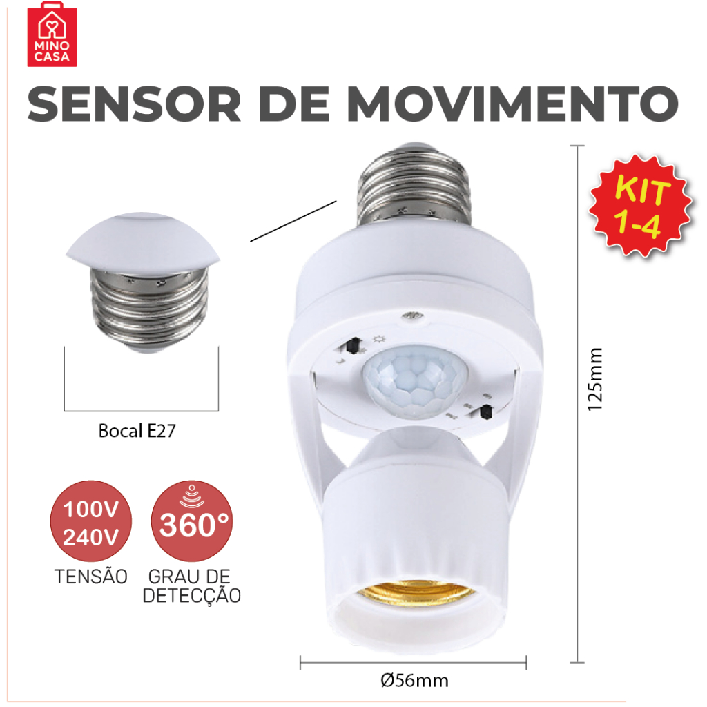 Sensor de Movimento para lâmpada Soquete E27 c/ sensor de presença Bivolt 110V~220V Max 60W